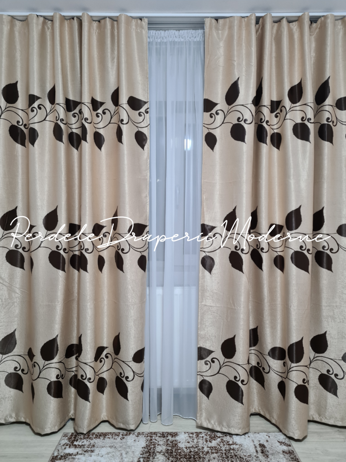 Draperie Blackout crem,frunze maro imagine 1