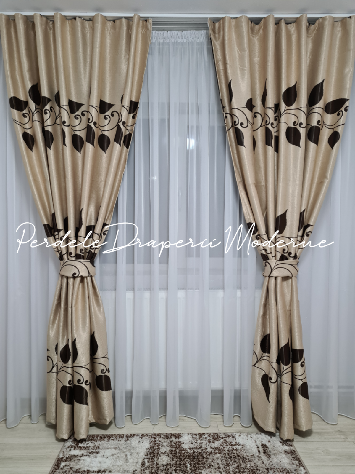 Draperie Blackout crem,frunze maro imagine 2