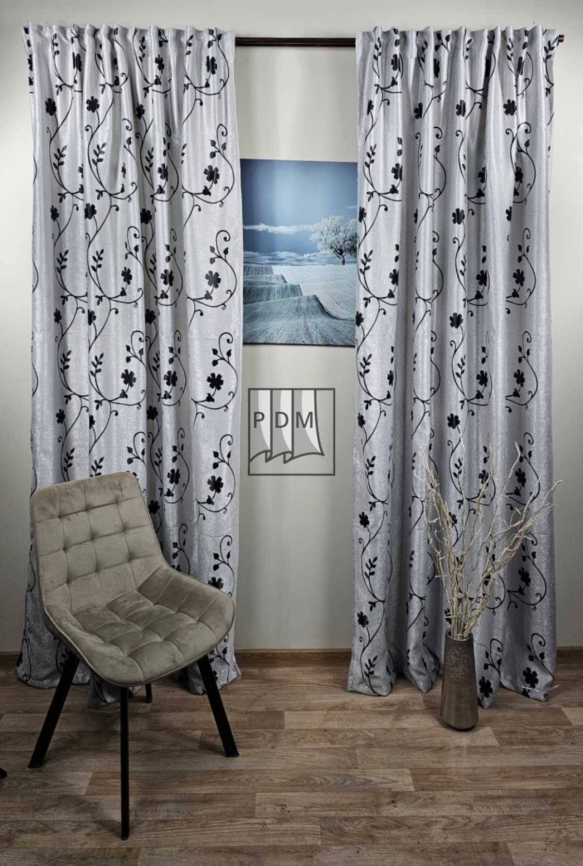 Draperie Blackout cu două fete, gri/negru, model floral imagine 1