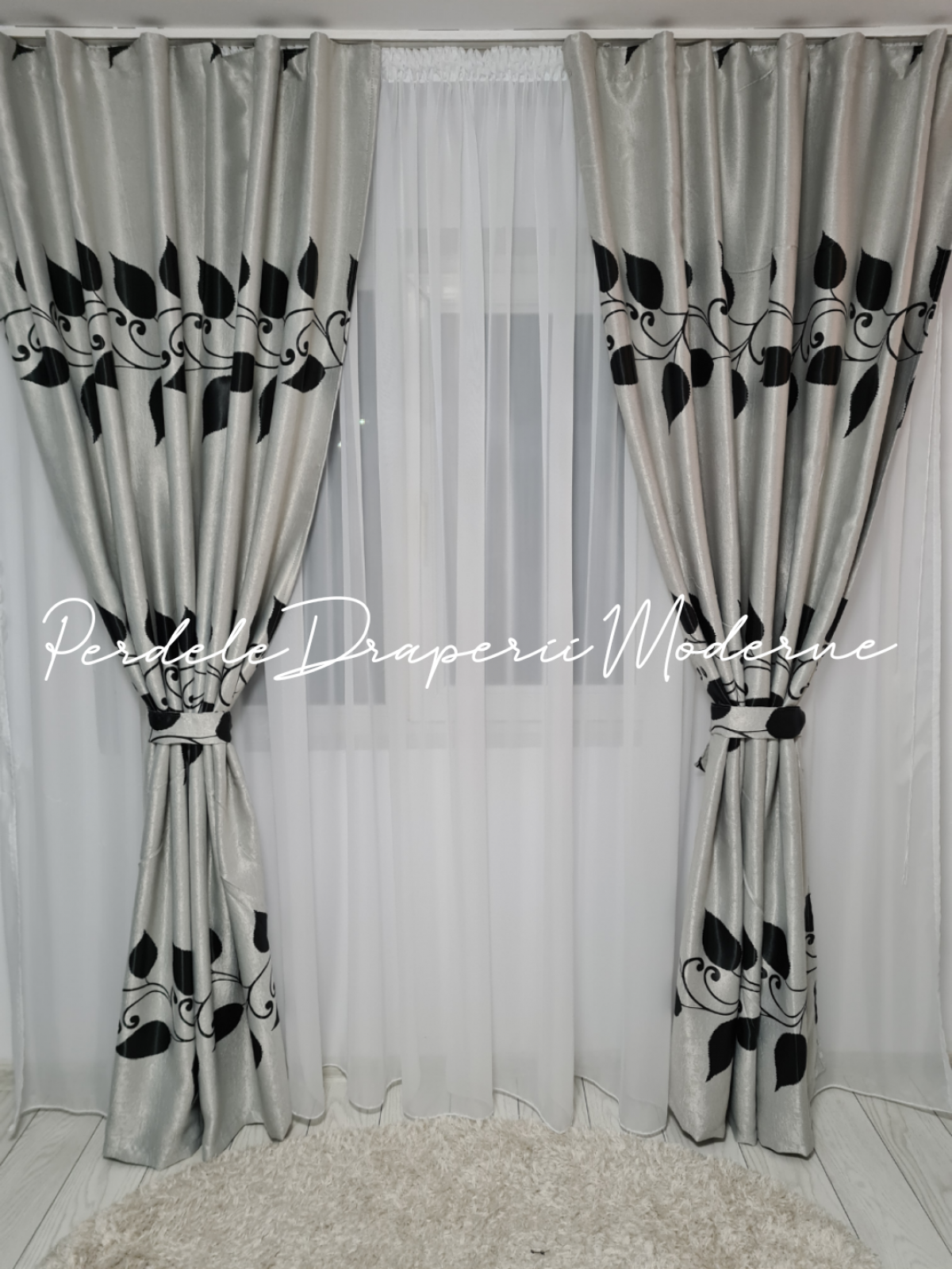 Draperie Blackout gri,frunze negre imagine 2