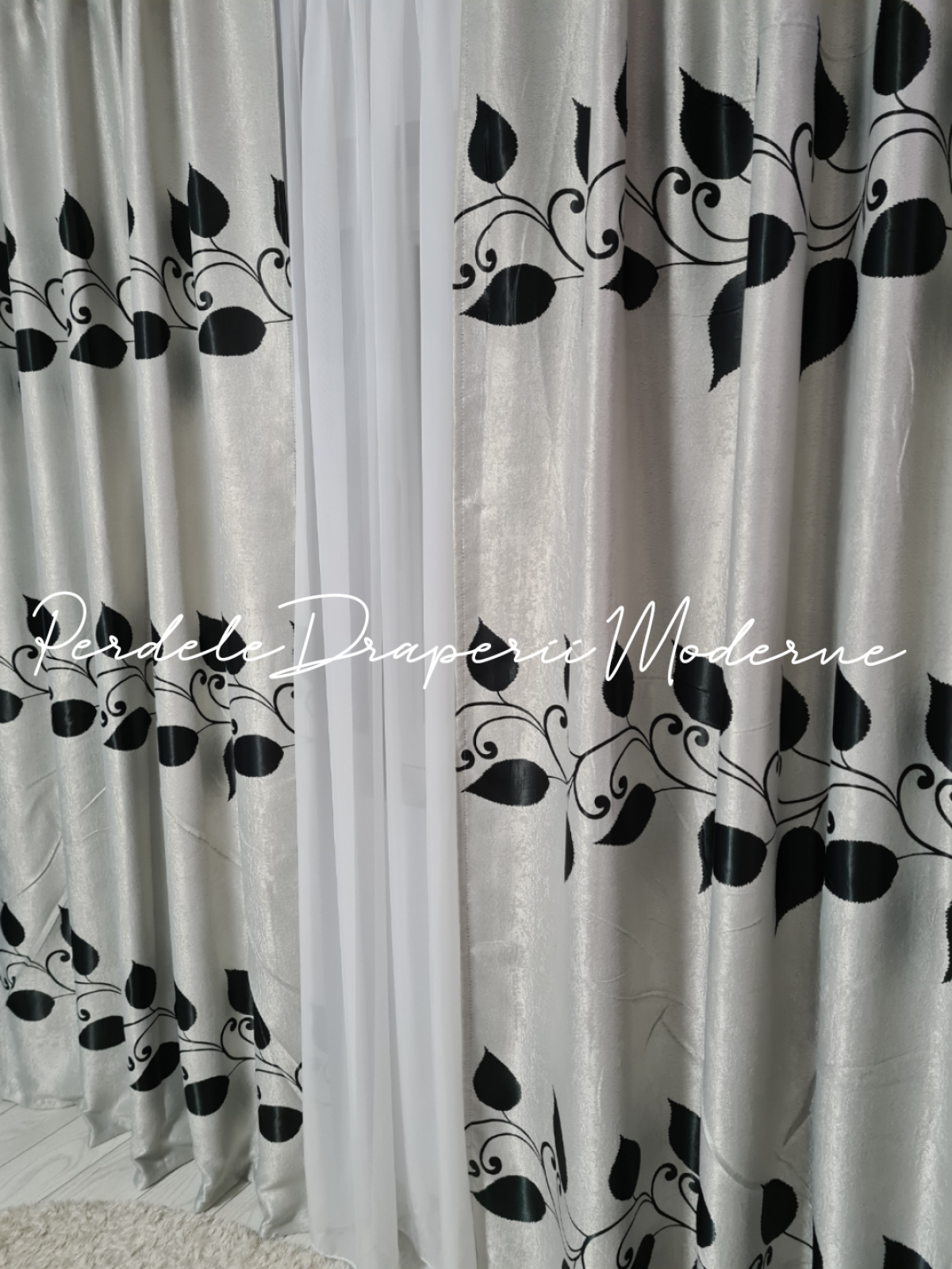 Draperie Blackout gri,frunze negre imagine 3