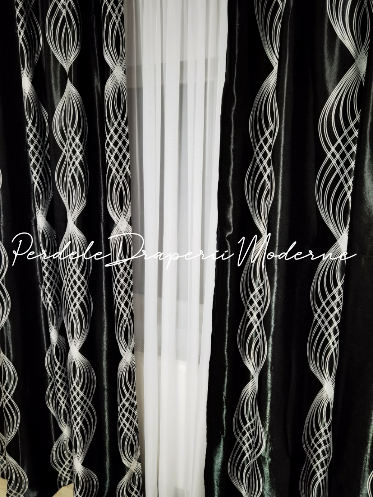 Draperie Blackout,negru/gri,model clepsidră imagine 2