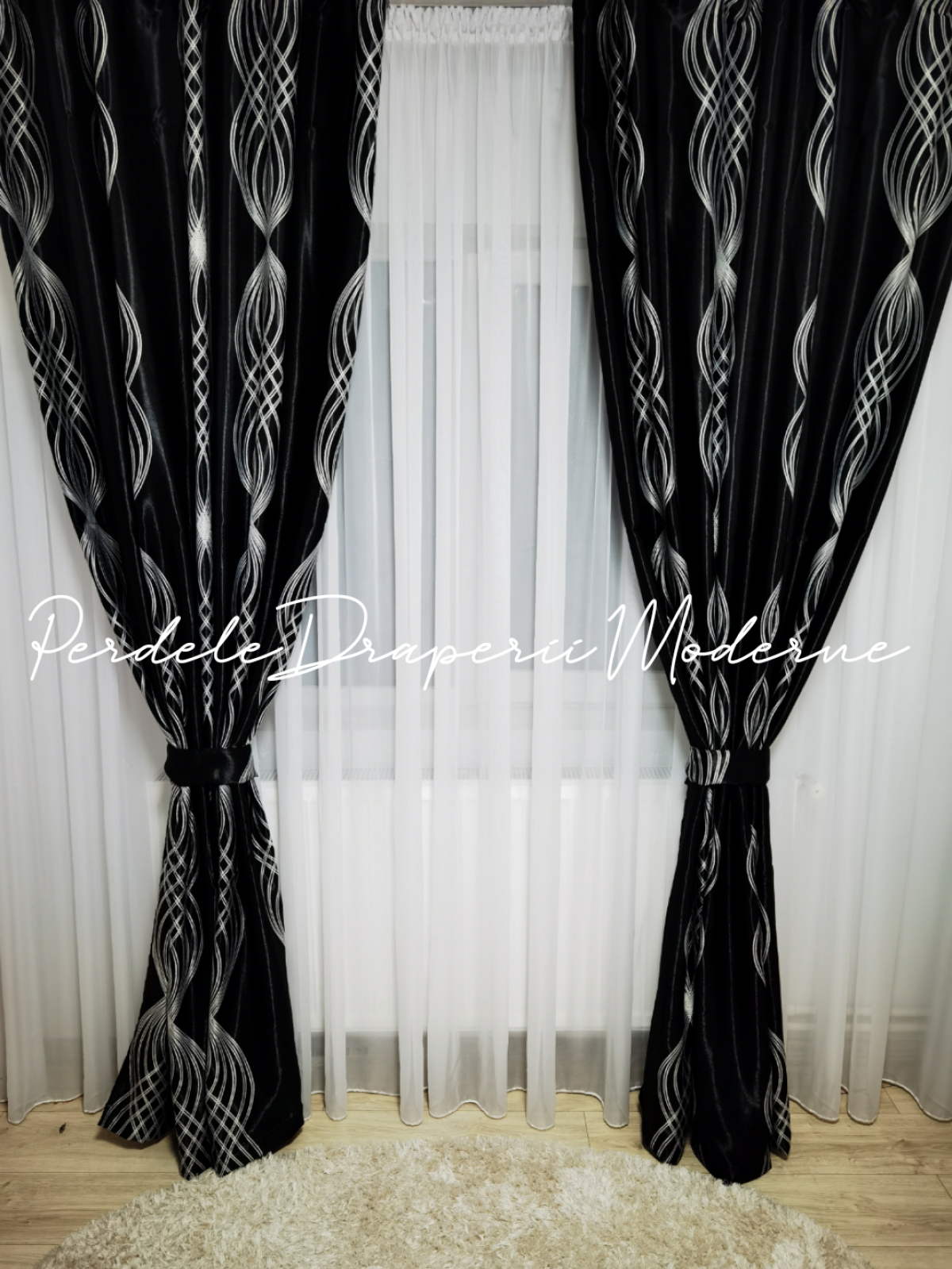 Draperie Blackout,negru/gri,model clepsidră imagine 3