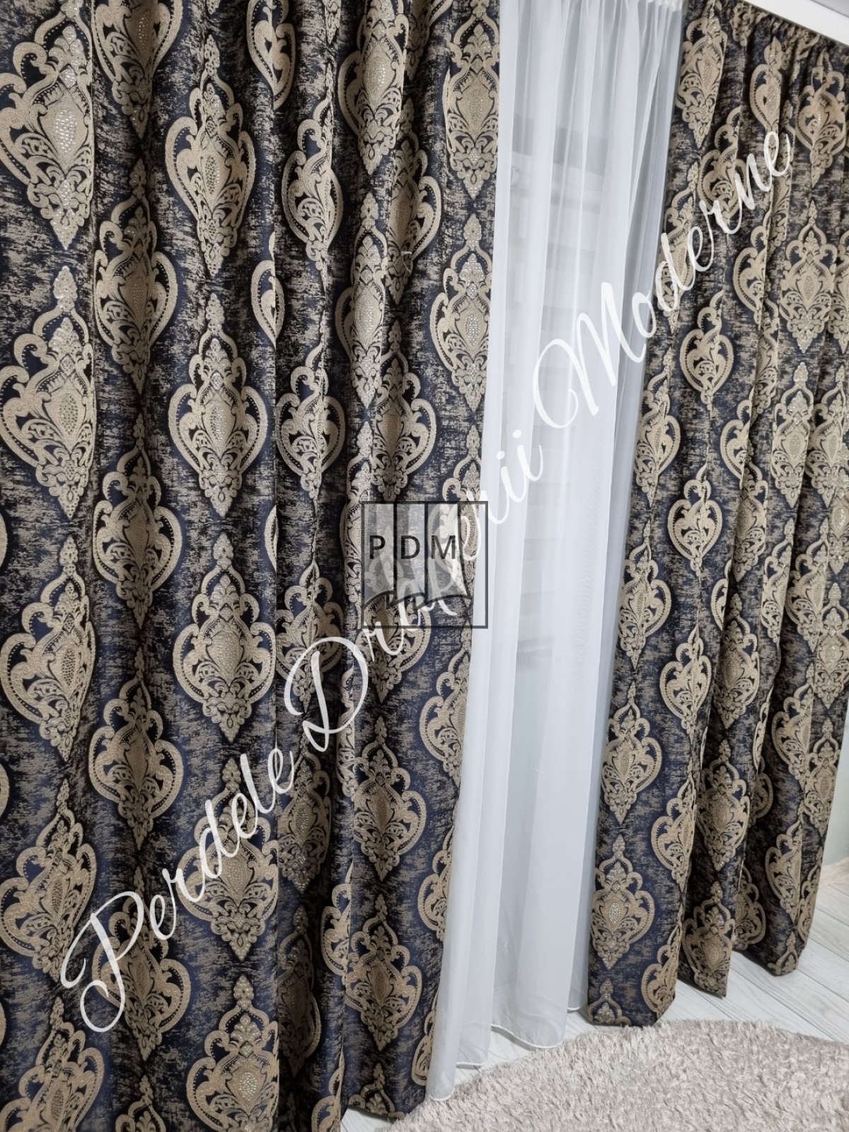 Draperie saten,bleumarin/maro imagine 3