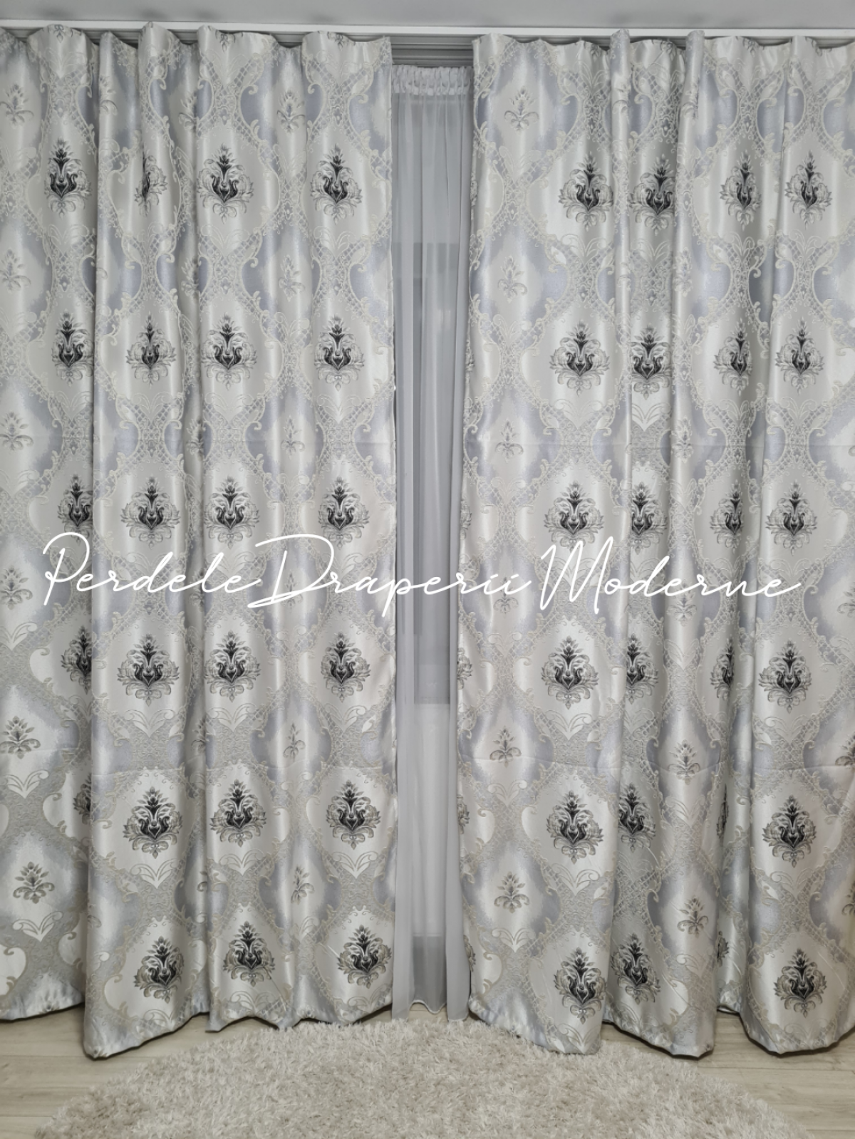 Draperie saten,model baroc,argintiu imagine 1