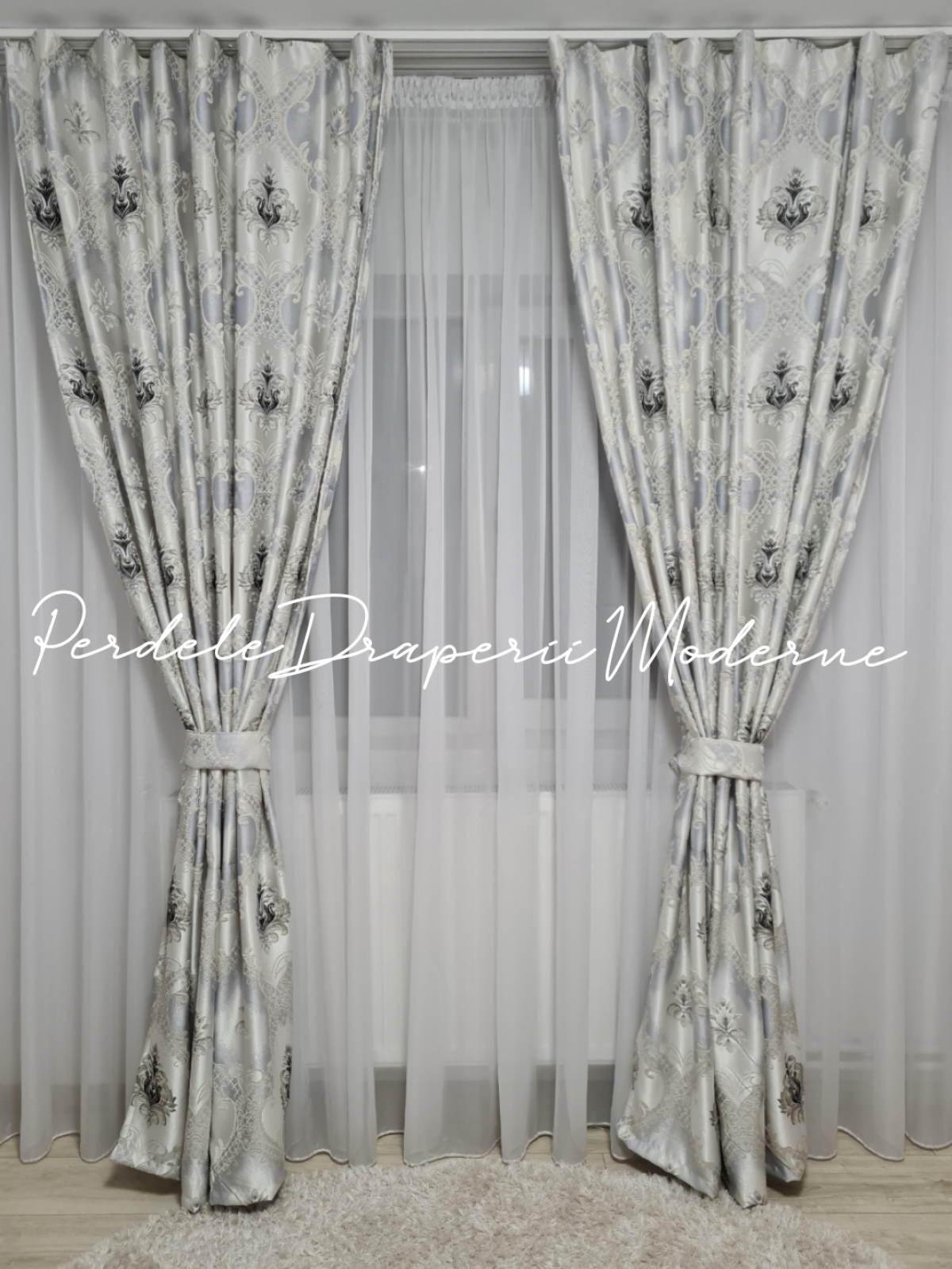 Draperie saten,model baroc,argintiu imagine 3