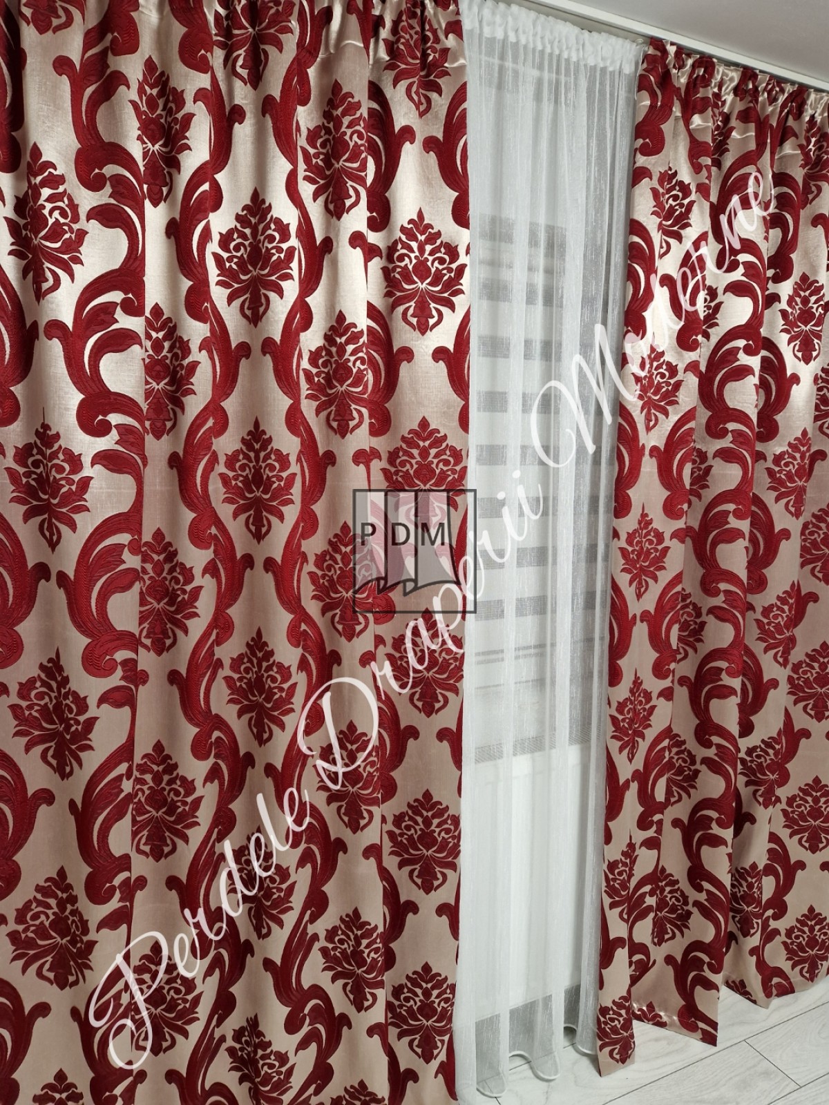 Draperie tafta,crem/rosu imagine 3