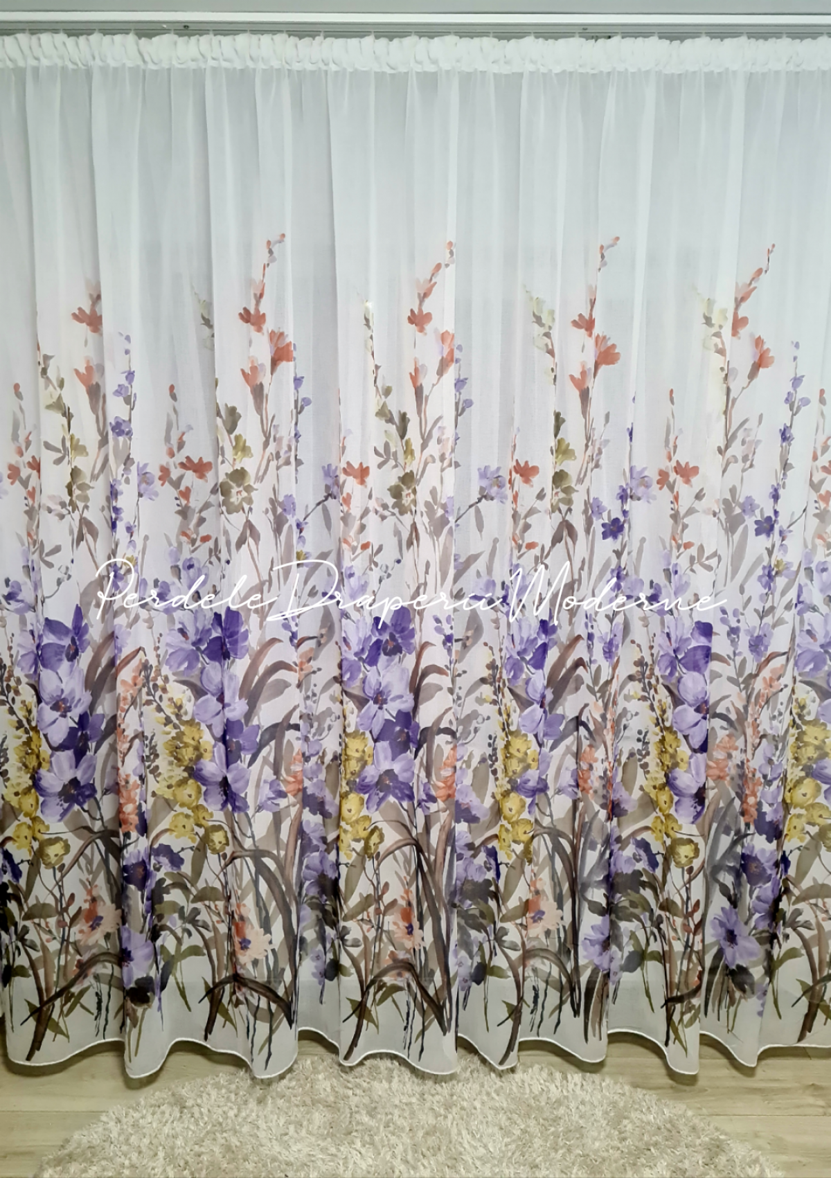 Perdea voal,imprimeu floral,mov imagine 1