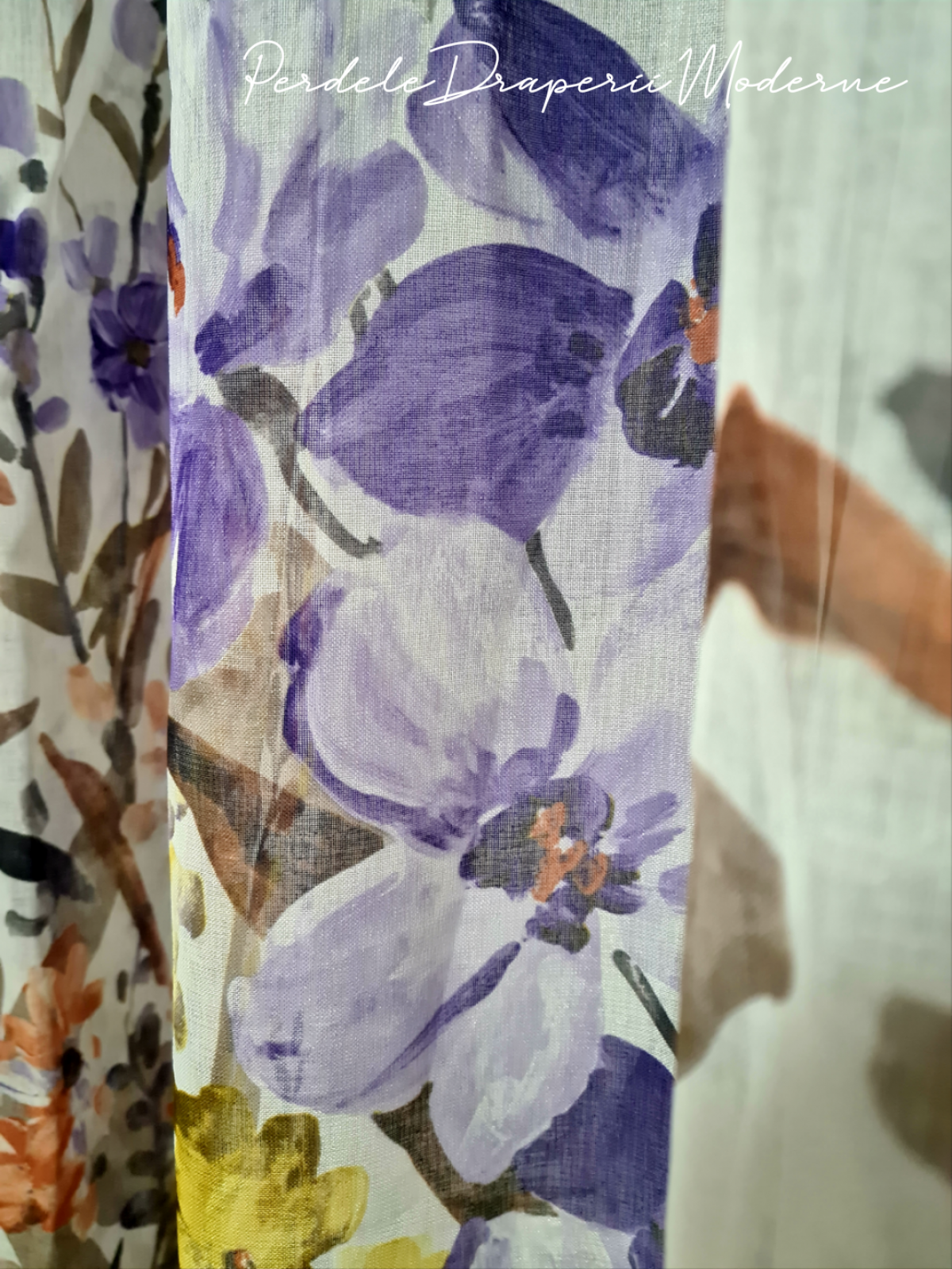 Perdea voal,imprimeu floral,mov imagine 3
