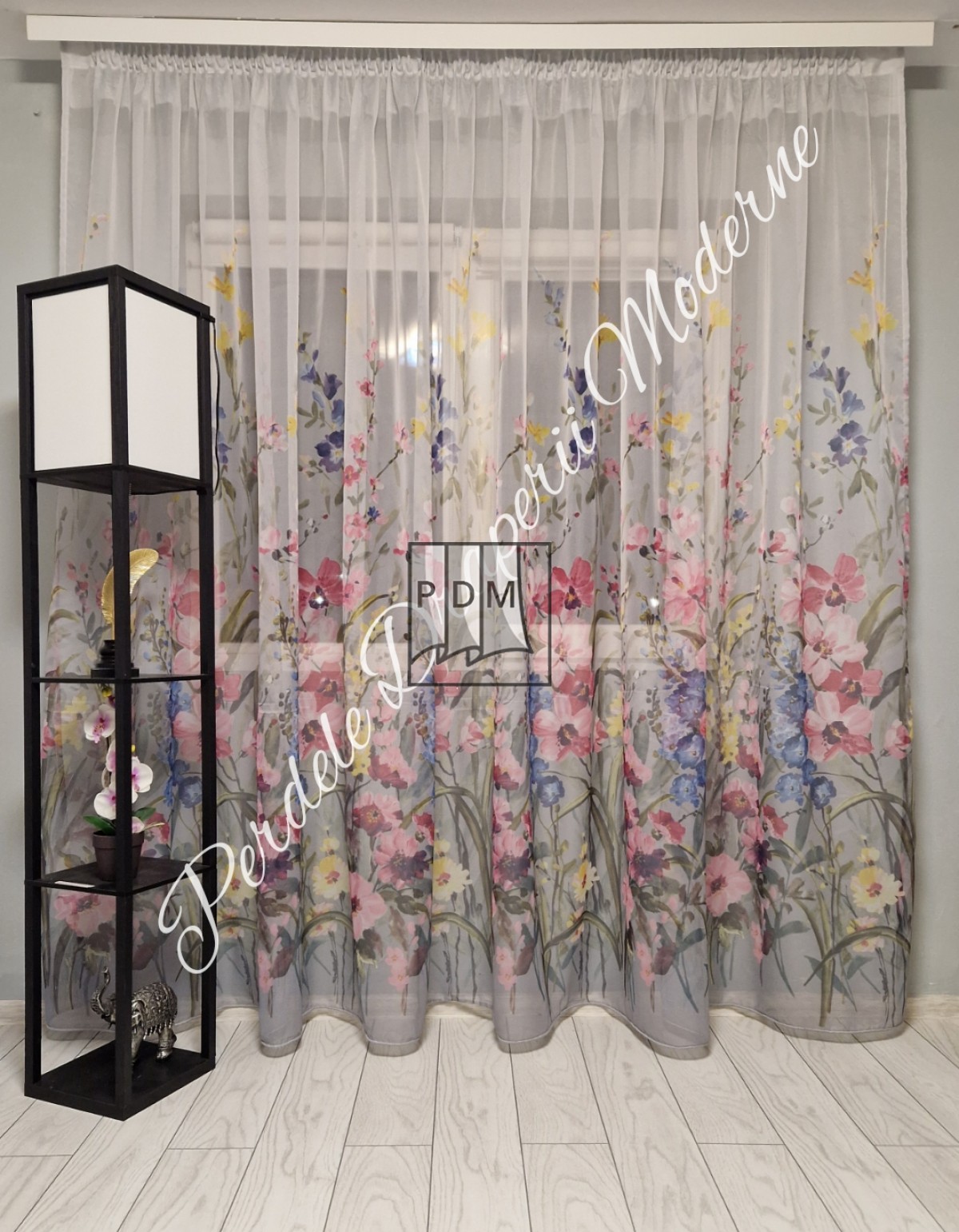 Perdea voal gri, imprimeu floral imagine 1