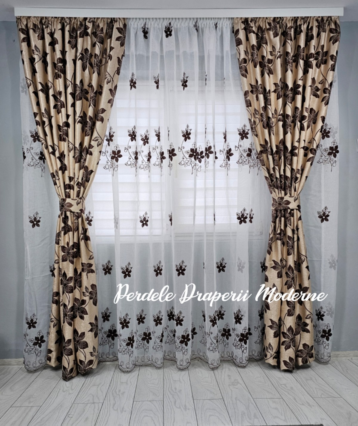 Set floral, crem/maro imagine 1