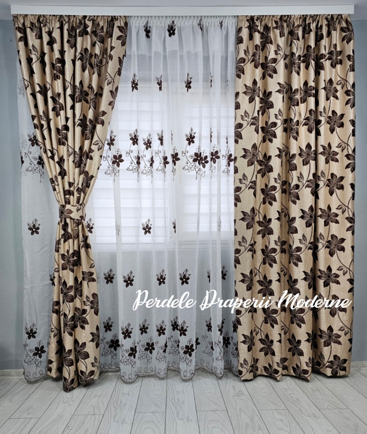 Set floral, crem/maro imagine 2