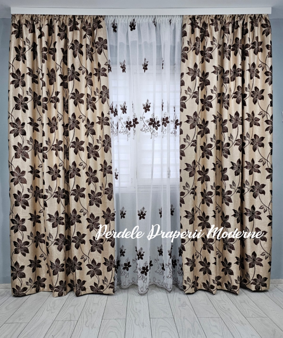 Set floral, crem/maro imagine 3