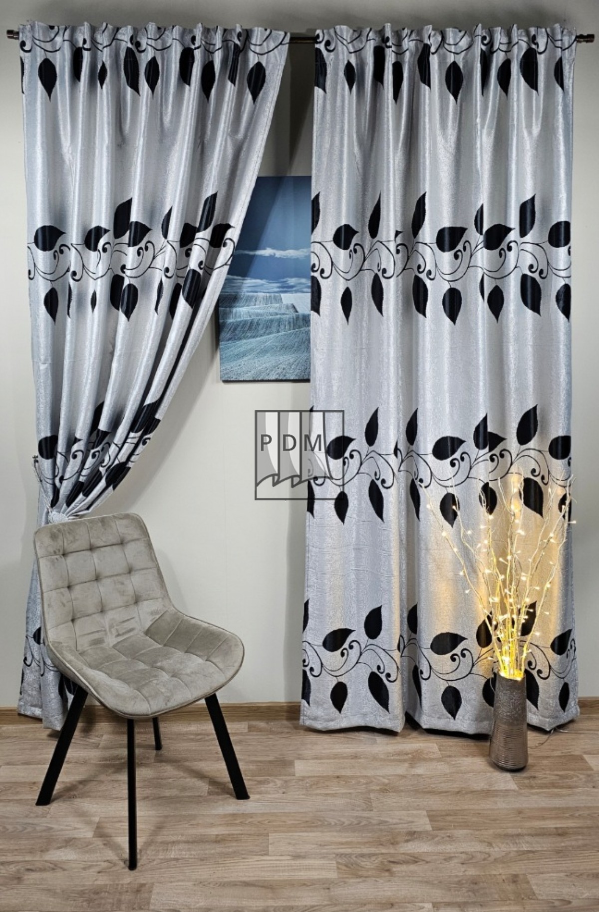 Draperie Blackout, cu două fețe, gri/negru, model frunze, semiopacă imagine 2