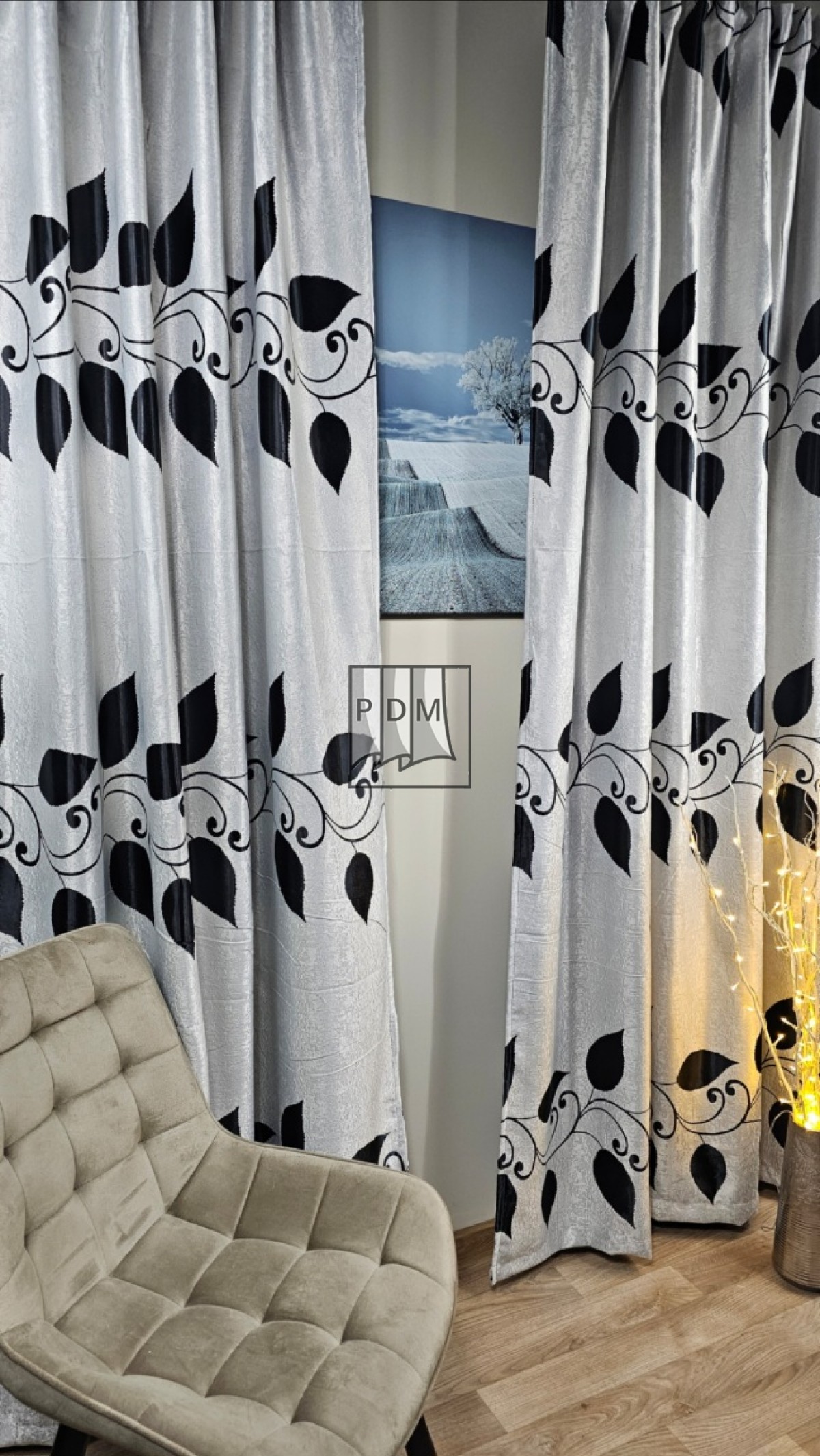 Draperie Blackout, cu două fețe, gri/negru, model frunze, semiopacă imagine 3     