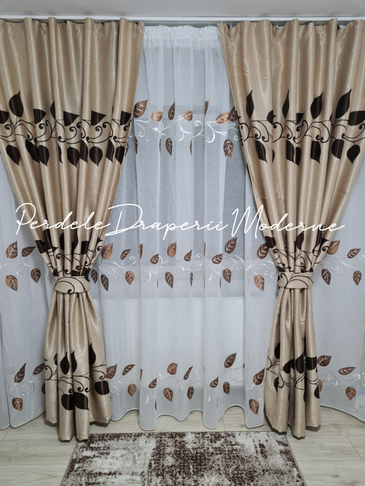Draperie Blackout crem,frunze maro imagine 5