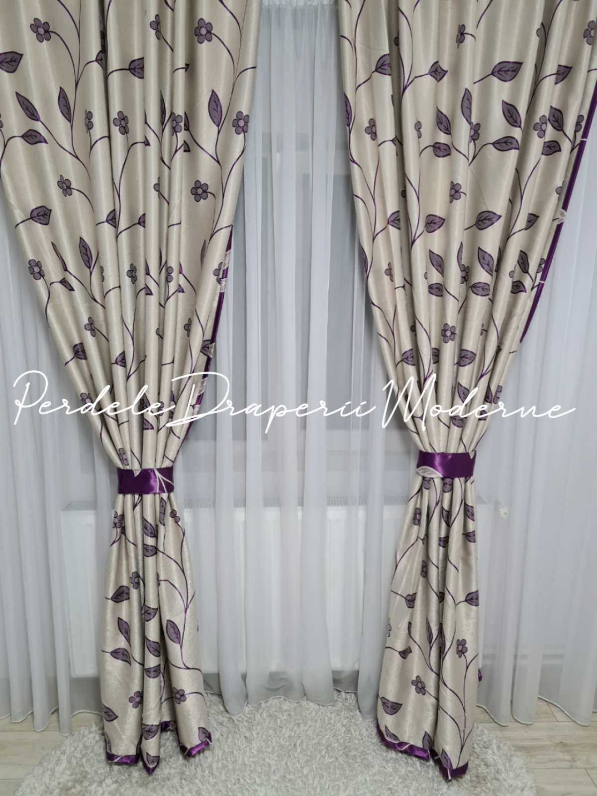 Draperie Blackout,crem/mov,floricele 1 imagine 2
