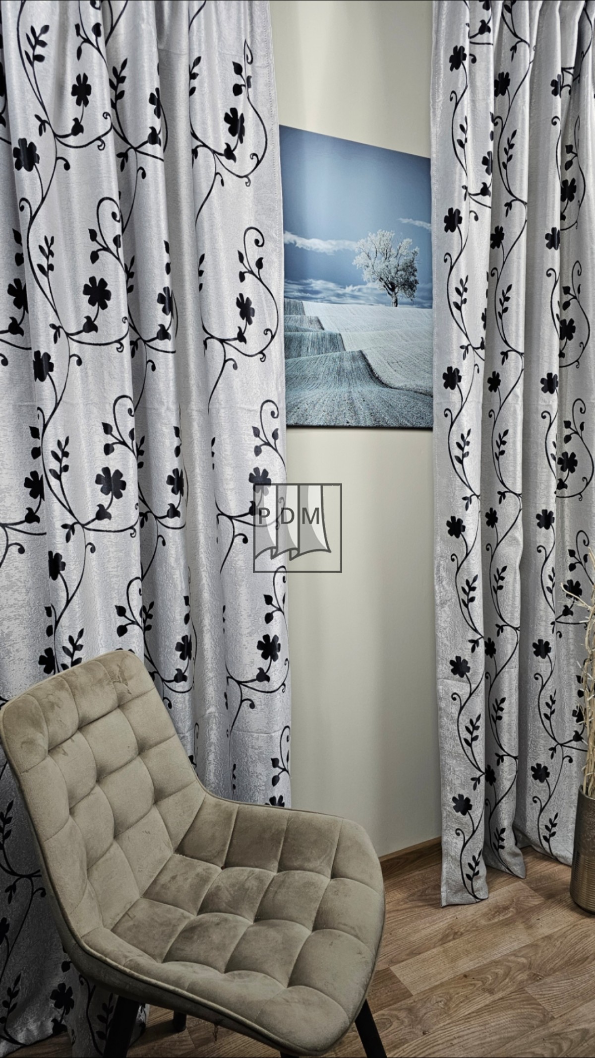 Draperie Blackout cu două fete, gri/negru, model floral imagine 3     