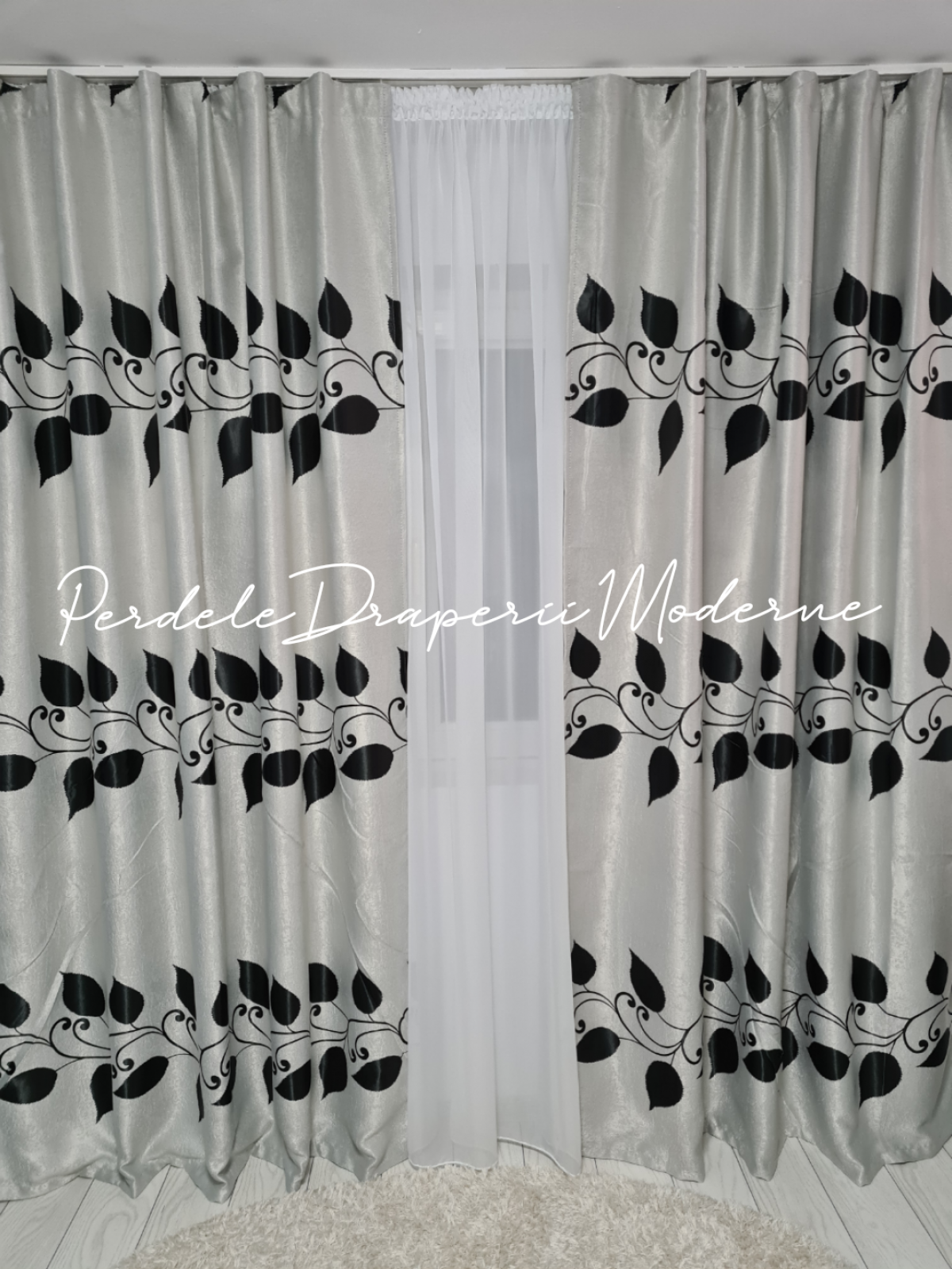 poze Draperie Blackout gri,frunze negre
