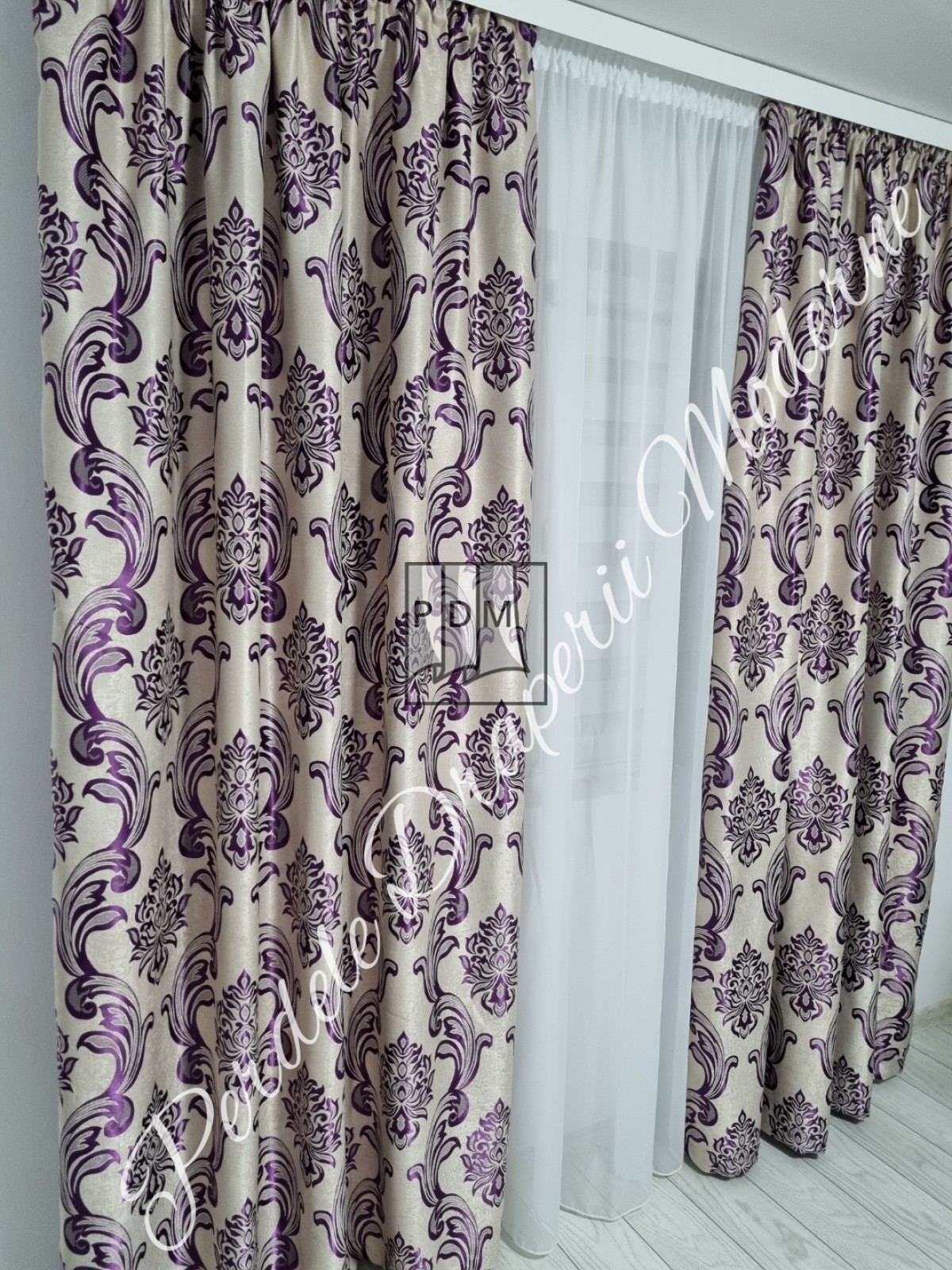 Draperie Blackout,model baroc,crem/mov imagine 4