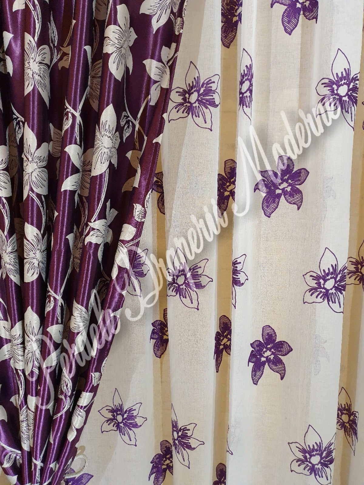 Draperie Blackout,mov/crem,flori mari imagine 2