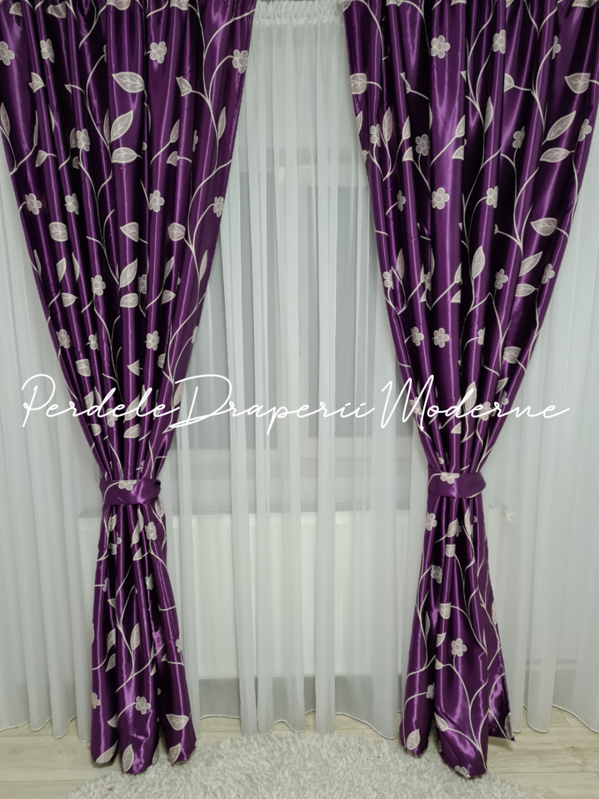 Draperie Blackout,mov/crem,floricele 1 imagine 2