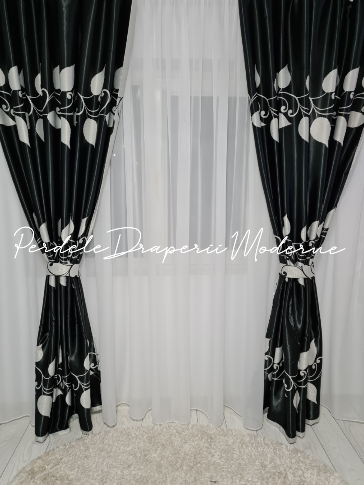 Draperie Blackout negru,frunze gri imagine 2