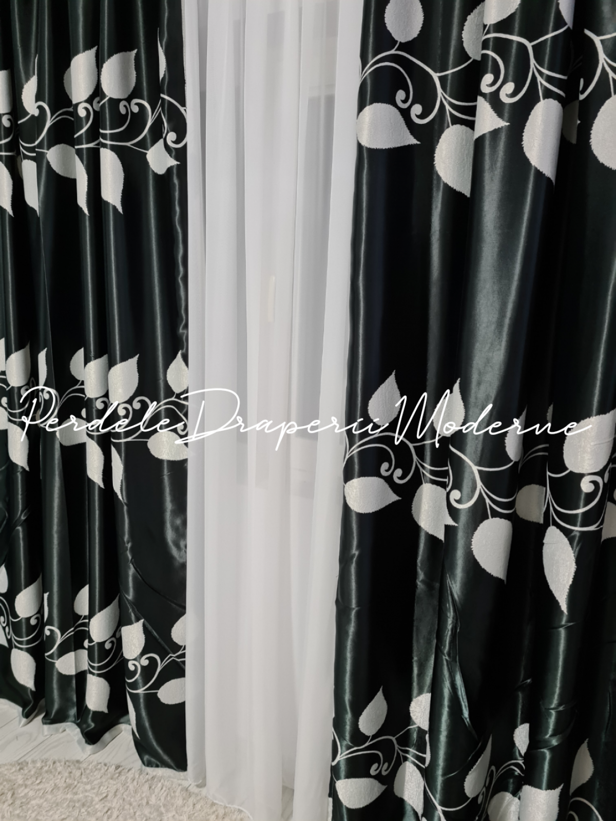 Draperie Blackout negru,frunze gri imagine 3     