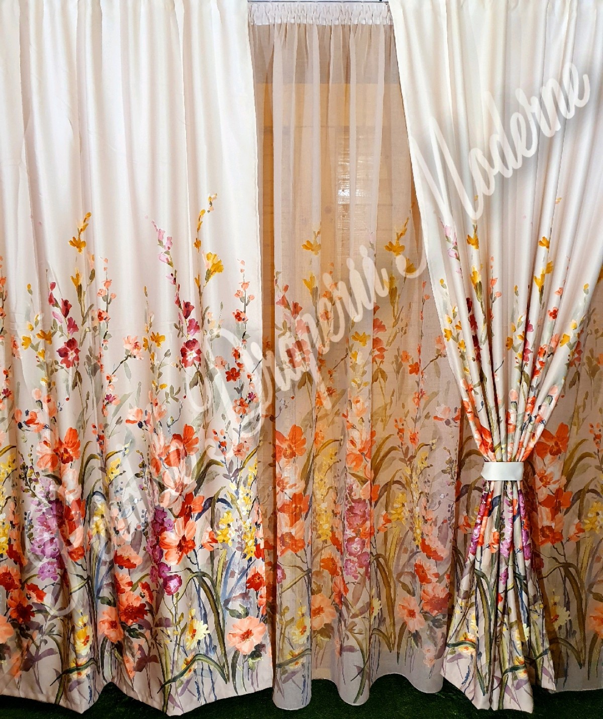 Draperie saten,imprimeu floral portocaliu imagine 2