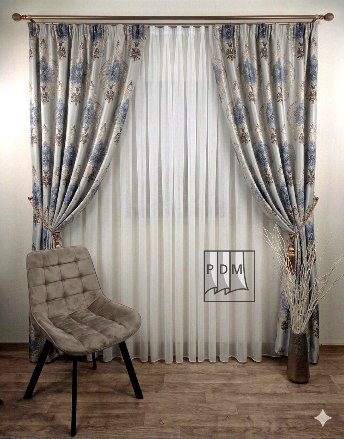 Draperie tafta gri, model baroc ,albastru imagine 2