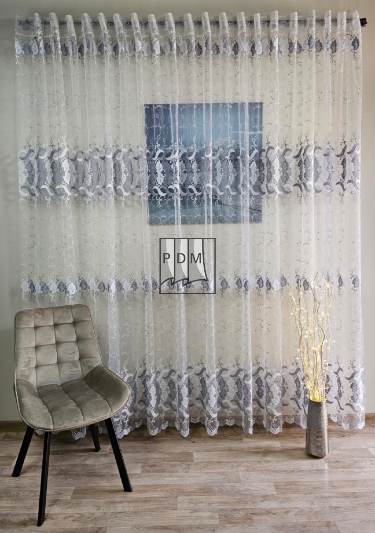 poze Perdea tulle brodat, alb/gri