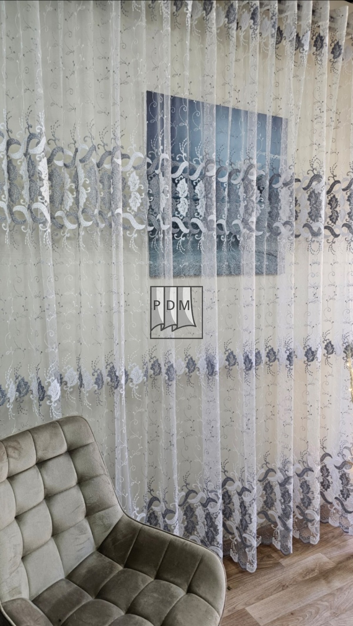 Perdea tulle brodat, alb/gri imagine 2