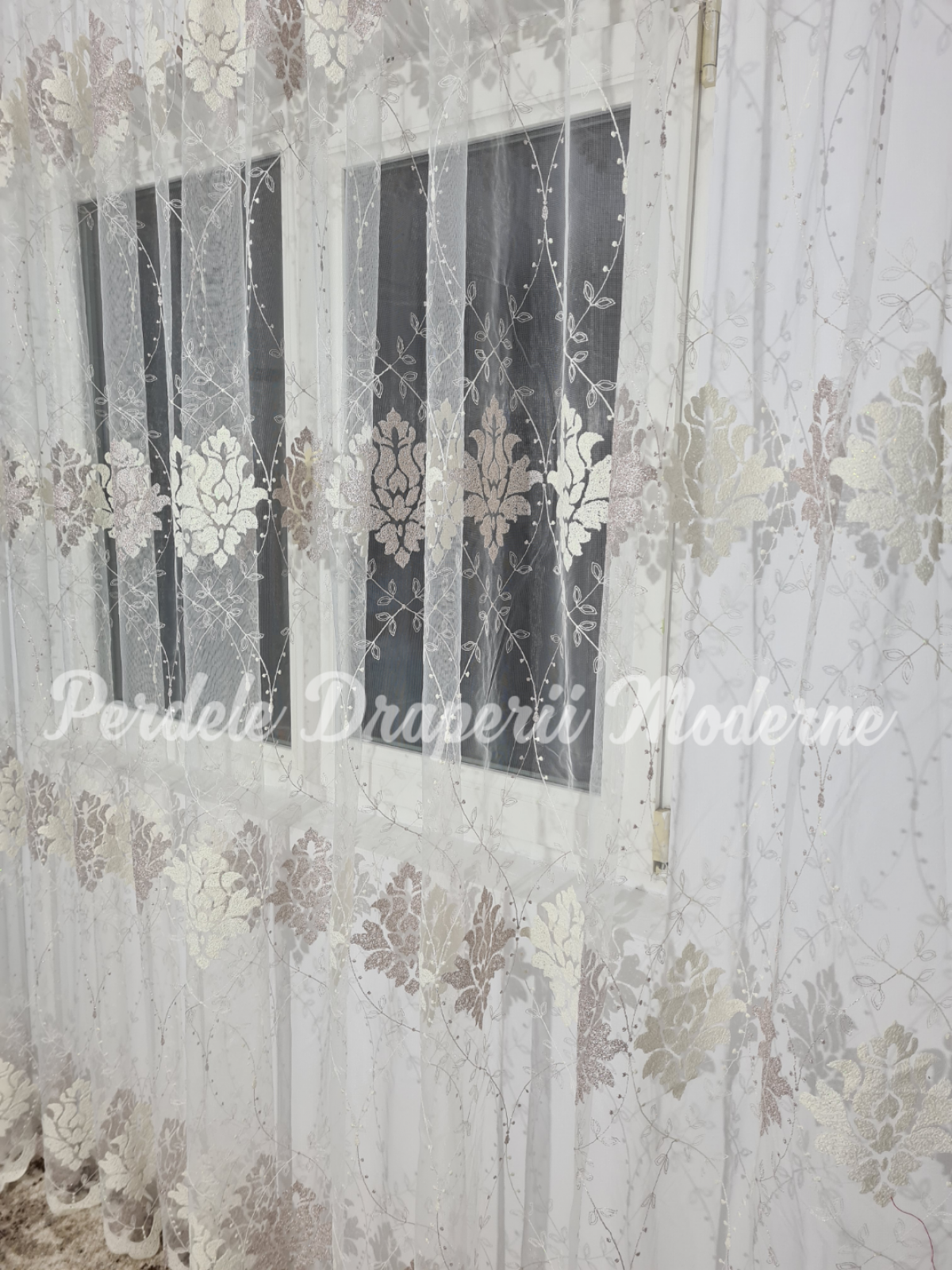 Perdea tulle brodat, baroc,roz pal imagine 2