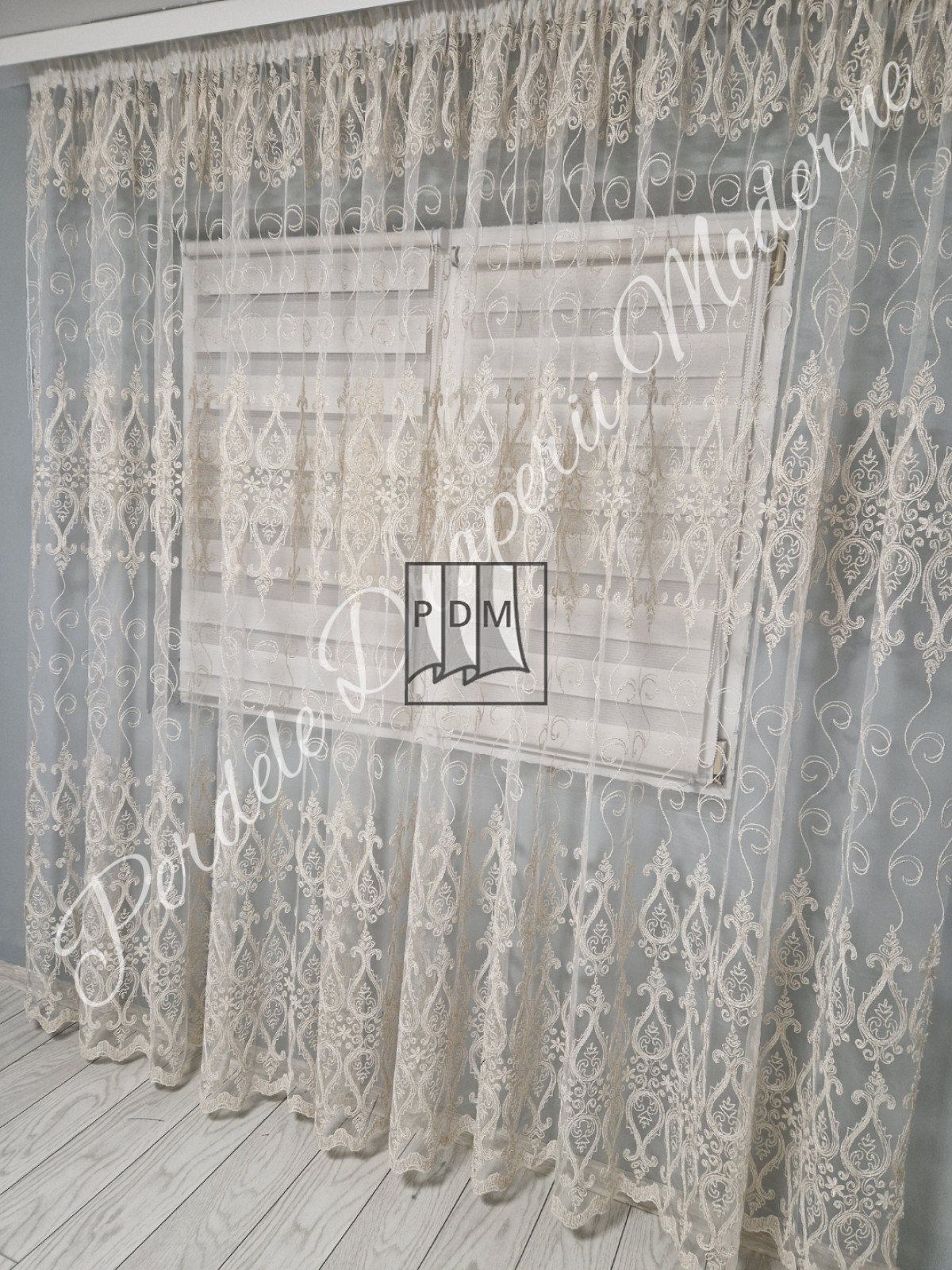 Perdea tulle brodat, crem imagine 2