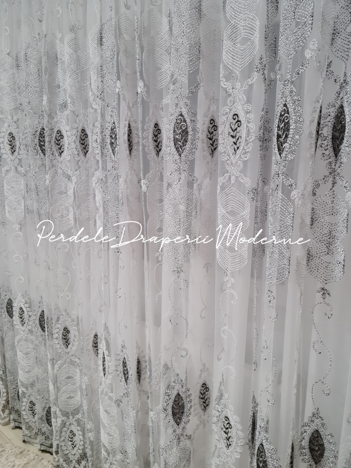 Perdea tulle brodat,alb/negru imagine 2